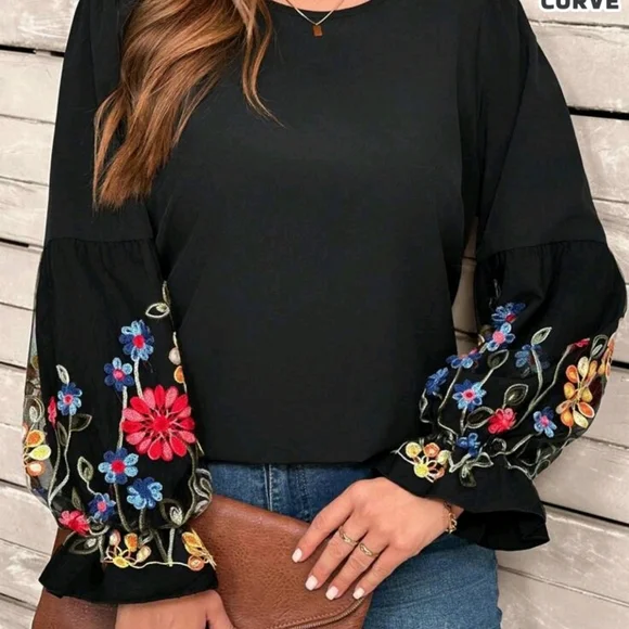 SHEIN Black Top with Multicolor Floral Sleeves - Picture 1 of 8